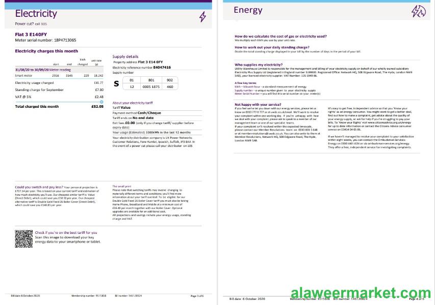United Kingdom Utility Warehouse electricity utility bill template in Word and PDF format (6 pages) 3 4